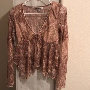 madden girl Women's Pink Lace Long-Sleeve V-Neck Top